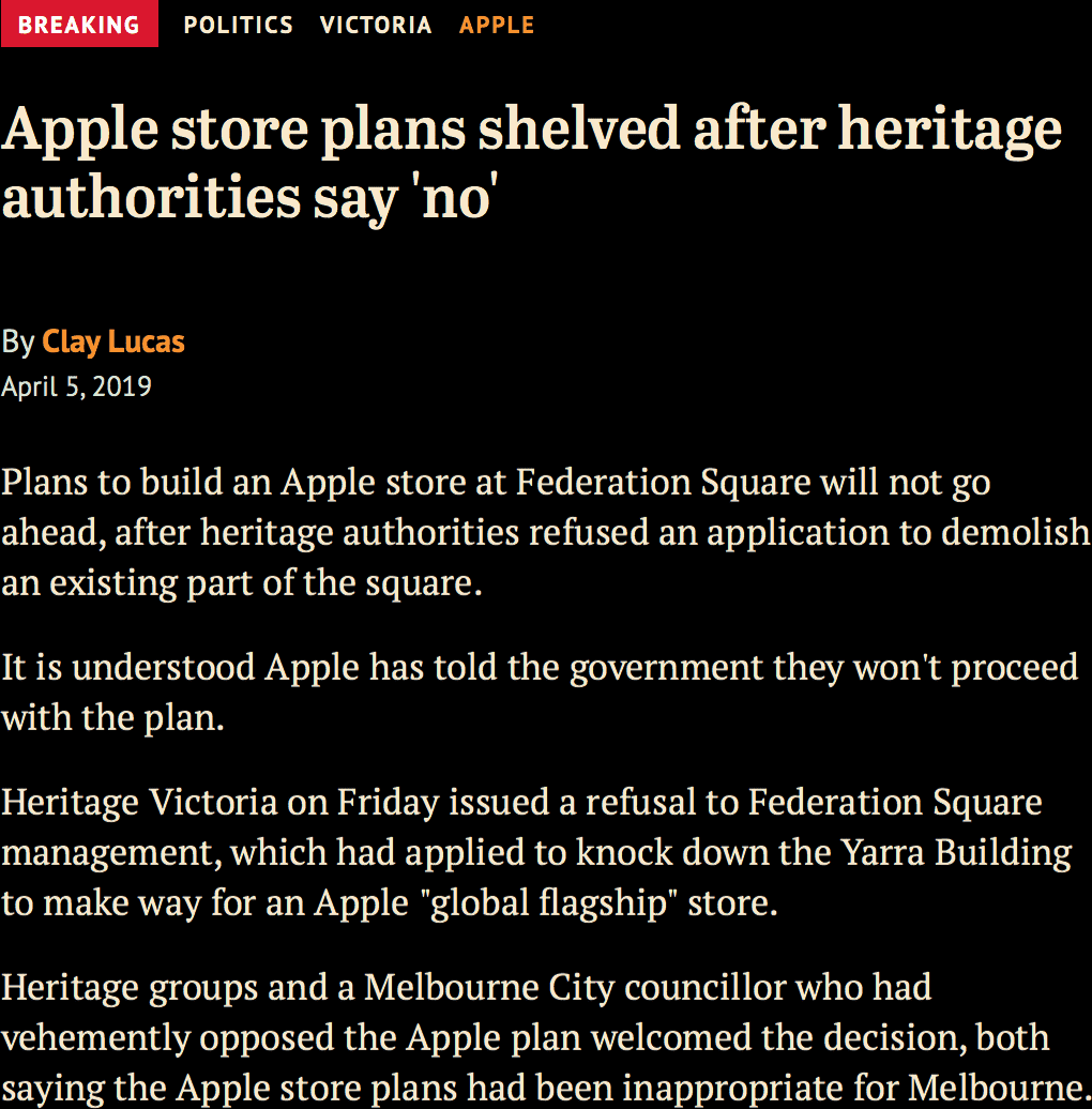 Link to News article. Apple store plans shelved after heritage authorities say 'no'.